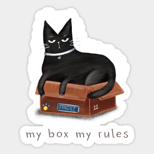 Cartoon black cat in a box and the inscription "My box - my rules". Sticker